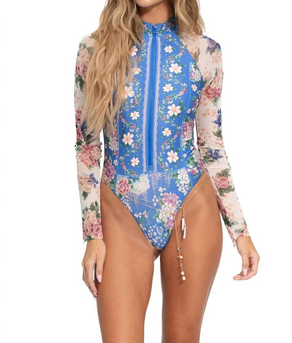 NEW AGUA BENDITA monti ivy long sleeve zip one-piece swimsuit in blue pattern